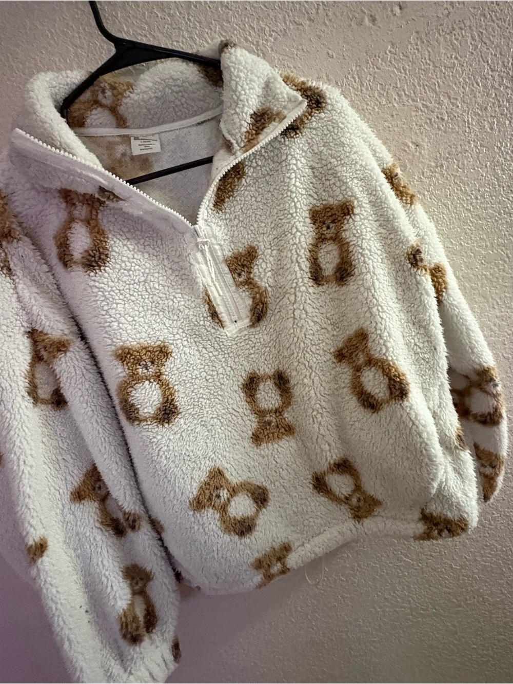 No Boundaries Cream Teddy-Print Sherpa Quarter-Zip Pullover